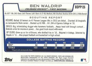 2012 Bowman Draft Picks & Prospects - Draft Picks #BDPP126 Ben Waldrip Back