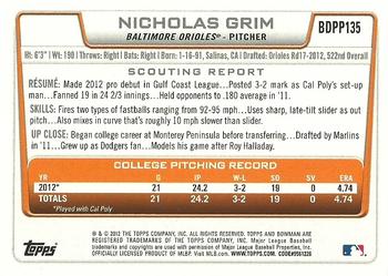 2012 Bowman Draft Picks & Prospects - Draft Picks #BDPP135 Nicholas Grim Back