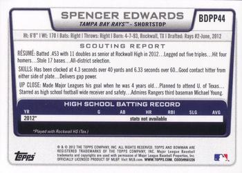 2012 Bowman Draft Picks & Prospects - Draft Picks #BDPP44 Spencer Edwards Back
