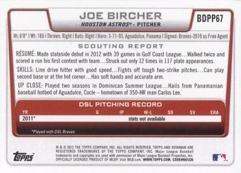2012 Bowman Draft Picks & Prospects - Draft Picks #BDPP67 Joe Bircher Back