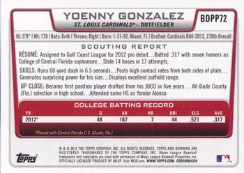 2012 Bowman Draft Picks & Prospects - Draft Picks #BDPP72 Yoenny Gonzalez Back