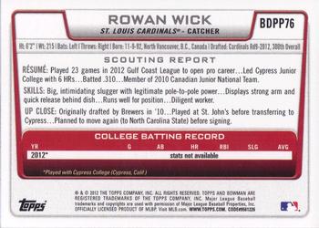 2012 Bowman Draft Picks & Prospects - Draft Picks #BDPP76 Rowan Wick Back
