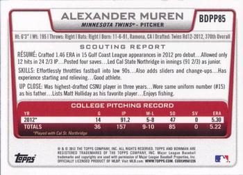 2012 Bowman Draft Picks & Prospects - Draft Picks #BDPP85 Alexander Muren Back