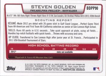 2012 Bowman Draft Picks & Prospects - Draft Picks #BDPP90 Steven Golden Back