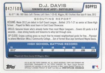 2012 Bowman Draft Picks & Prospects - Draft Picks Blue #BDPP33 D.J. Davis Back