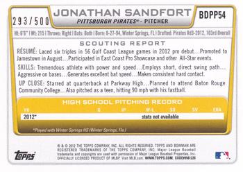 2012 Bowman Draft Picks & Prospects - Draft Picks Blue #BDPP54 Jonathan Sandfort Back