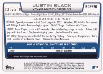 2012 Bowman Draft Picks & Prospects - Draft Picks Blue #BDPP56 Justin Black Back