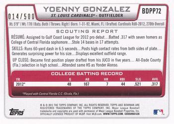 2012 Bowman Draft Picks & Prospects - Draft Picks Blue #BDPP72 Yoenny Gonzalez Back