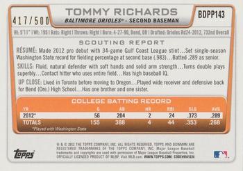 2012 Bowman Draft Picks & Prospects - Draft Picks Blue #BDPP143 Tommy Richards Back