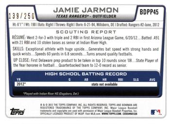 2012 Bowman Draft Picks & Prospects - Draft Picks Orange #BDPP45 Jamie Jarmon Back