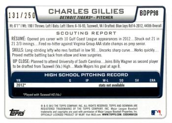 2012 Bowman Draft Picks & Prospects - Draft Picks Orange #BDPP98 Charles Gillies Back