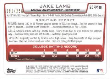 2012 Bowman Draft Picks & Prospects - Draft Picks Orange #BDPP110 Jake Lamb Back