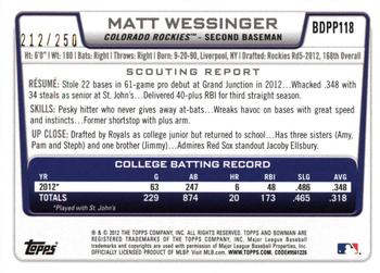 2012 Bowman Draft Picks & Prospects - Draft Picks Orange #BDPP118 Matt Wessinger Back