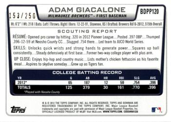 2012 Bowman Draft Picks & Prospects - Draft Picks Orange #BDPP120 Adam Giacalone Back