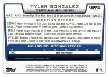 2012 Bowman Draft Picks & Prospects - Draft Picks Silver Ice #BDPP34 Tyler Gonzalez Back
