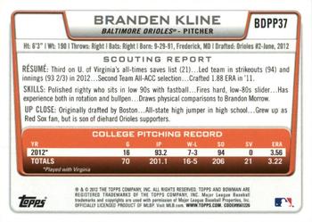 2012 Bowman Draft Picks & Prospects - Draft Picks Silver Ice #BDPP37 Branden Kline Back
