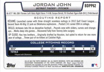 2012 Bowman Draft Picks & Prospects - Draft Picks Silver Ice #BDPP62 Jordan John Back