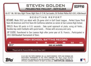 2012 Bowman Draft Picks & Prospects - Draft Picks Silver Ice #BDPP90 Steven Golden Back