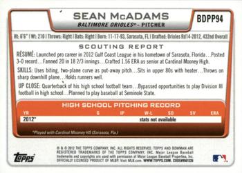 2012 Bowman Draft Picks & Prospects - Draft Picks Silver Ice #BDPP94 Sean McAdams Back