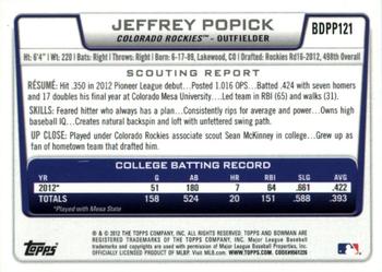2012 Bowman Draft Picks & Prospects - Draft Picks Silver Ice #BDPP121 Jeffrey Popick Back