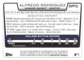2012 Bowman Draft Picks & Prospects - Draft Picks Silver Ice #BDPP122 Alfredo Rodriguez Back
