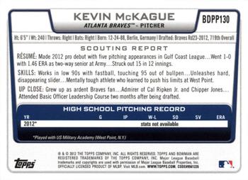 2012 Bowman Draft Picks & Prospects - Draft Picks Silver Ice #BDPP130 Kevin McKague Back