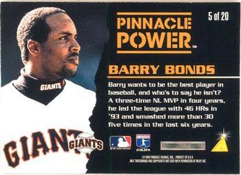 1996 Pinnacle - Pinnacle Power #5 Barry Bonds Back