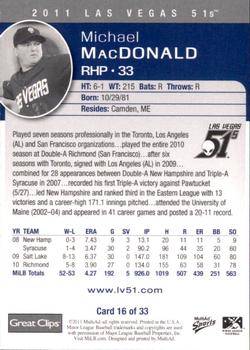 2011 MultiAd Las Vegas 51s #16 Michael MacDonald Back