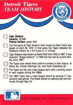 1989 Fleer - Team Stickers #NNO Detroit Tigers Back