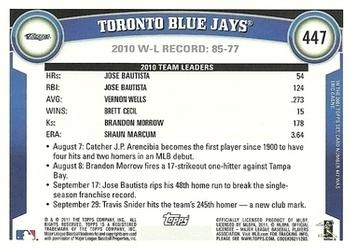 2011 Topps - Black Border #447 Toronto Blue Jays Back