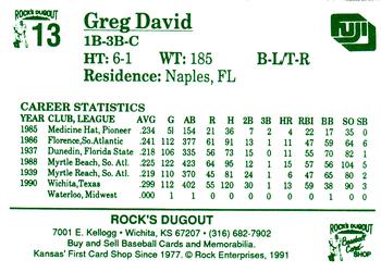 1991 Rock's Dugout Wichita Wranglers #13 Greg David Back