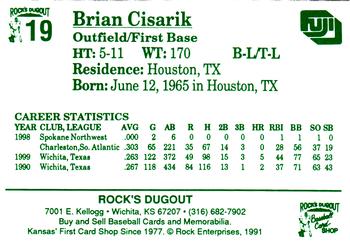 1991 Rock's Dugout Wichita Wranglers #19 Brian Cisarik Back