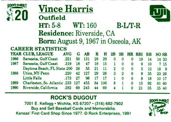 1991 Rock's Dugout Wichita Wranglers #20 Vince Harris Back