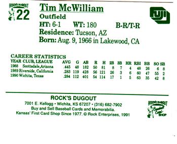 1991 Rock's Dugout Wichita Wranglers #22 Tim McWilliam Back