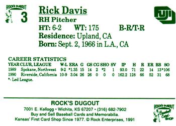 1991 Rock's Dugout Wichita Wranglers #3 Rick Davis Back