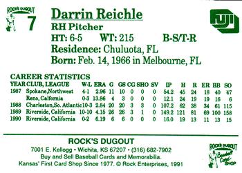 1991 Rock's Dugout Wichita Wranglers #7 Darrin Reichle Back