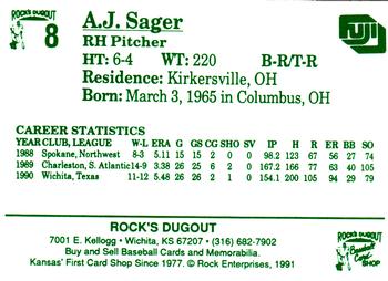 1991 Rock's Dugout Wichita Wranglers #8 A.J. Sager Back