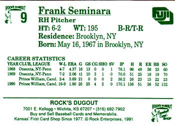 1991 Rock's Dugout Wichita Wranglers #9 Frank Seminara Back