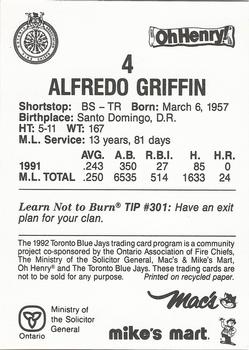 1992 Toronto Blue Jays Fire Safety #NNO Alfredo Griffin Back