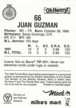 1992 Toronto Blue Jays Fire Safety #NNO Juan Guzman Back
