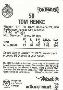 1992 Toronto Blue Jays Fire Safety #NNO Tom Henke Back