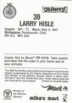 1992 Toronto Blue Jays Fire Safety #NNO Larry Hisle Back