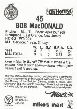 1992 Toronto Blue Jays Fire Safety #NNO Bob MacDonald Back