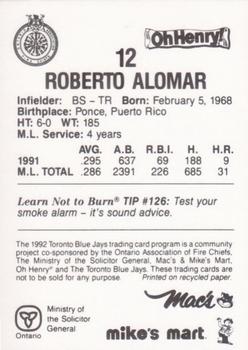 1992 Toronto Blue Jays Fire Safety #NNO Roberto Alomar Back