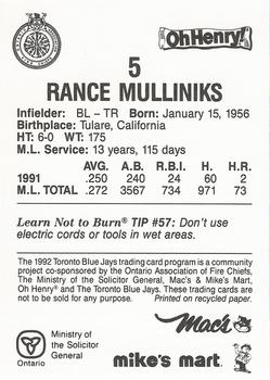1992 Toronto Blue Jays Fire Safety #NNO Rance Mulliniks Back
