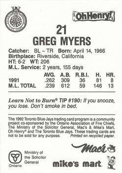 1992 Toronto Blue Jays Fire Safety #NNO Greg Myers Back