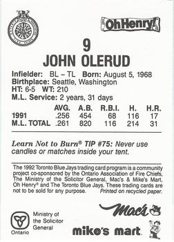 1992 Toronto Blue Jays Fire Safety #NNO John Olerud Back