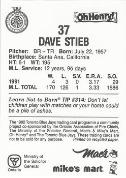 1992 Toronto Blue Jays Fire Safety #NNO Dave Stieb Back