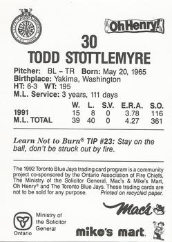 1992 Toronto Blue Jays Fire Safety #NNO Todd Stottlemyre Back