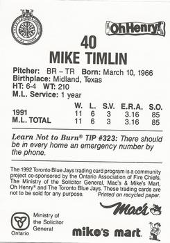 1992 Toronto Blue Jays Fire Safety #NNO Mike Timlin Back